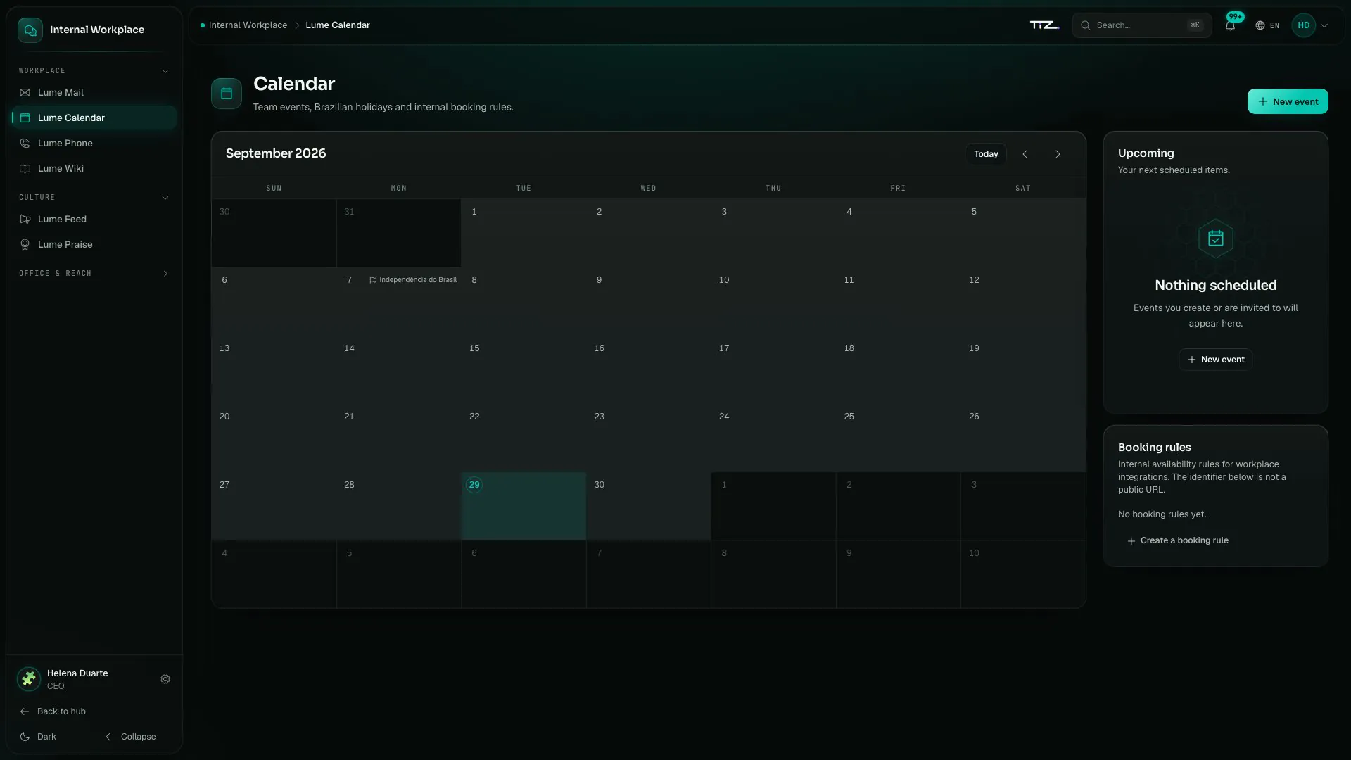 Grupo Vértice’s calendar for September, with Brazil’s Independence Day holiday marked.