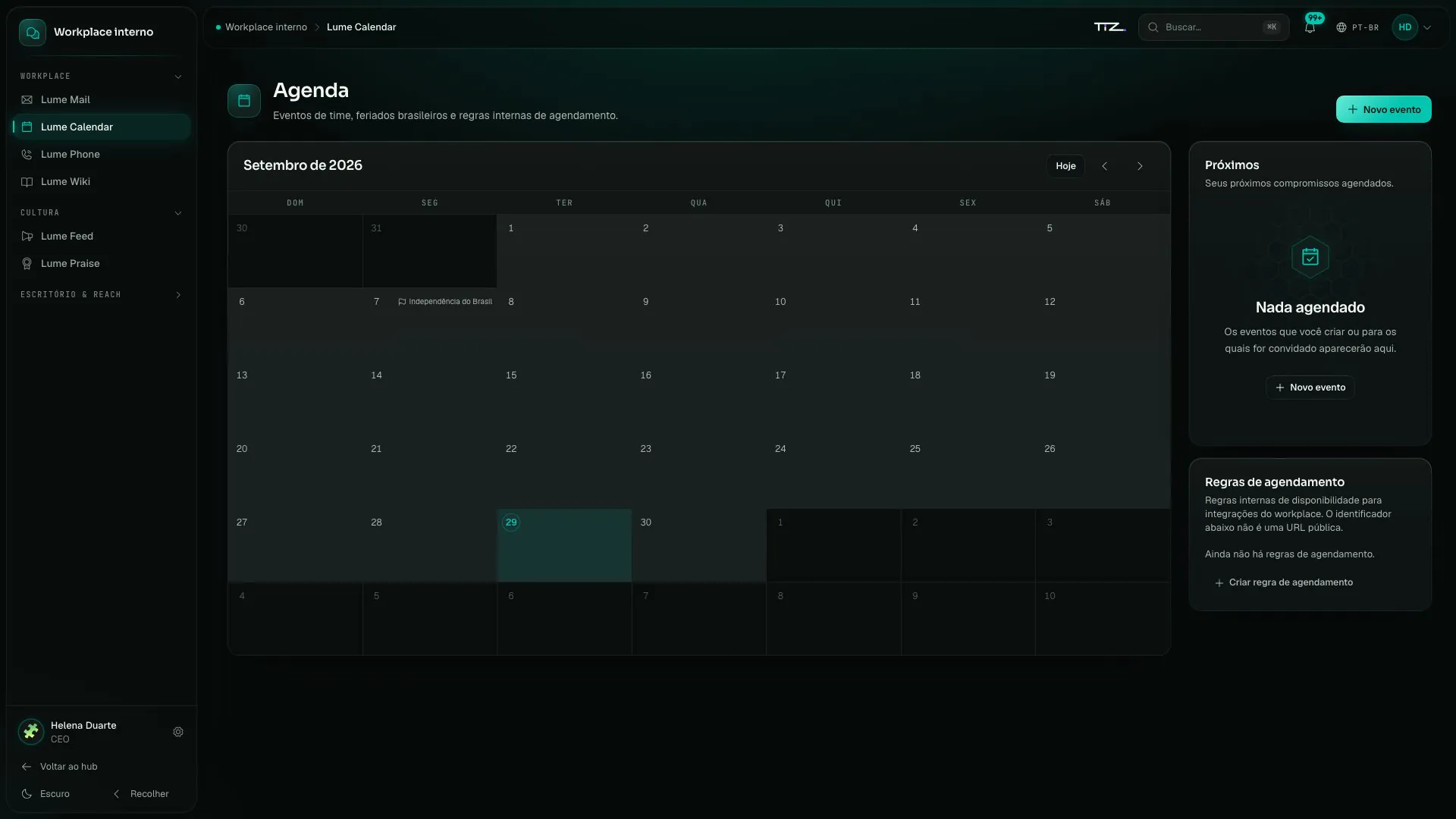 Agenda do Grupo Vértice no mês de setembro, com o feriado da Independência do Brasil marcado no calendário.