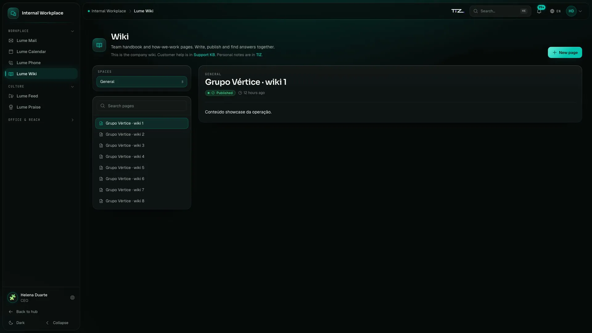 Grupo Vértice’s wiki with the General space, the list of pages and a published page open.