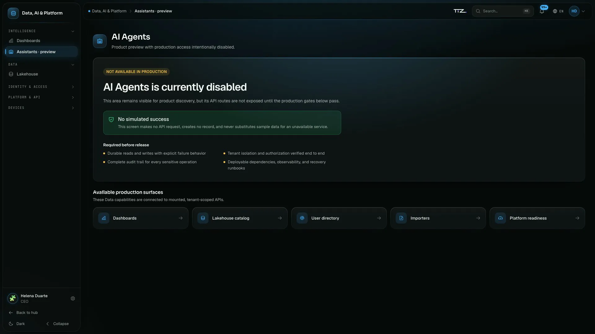 The Data & AI Assistants screen saying the module is switched off in production and listing what remains before release.