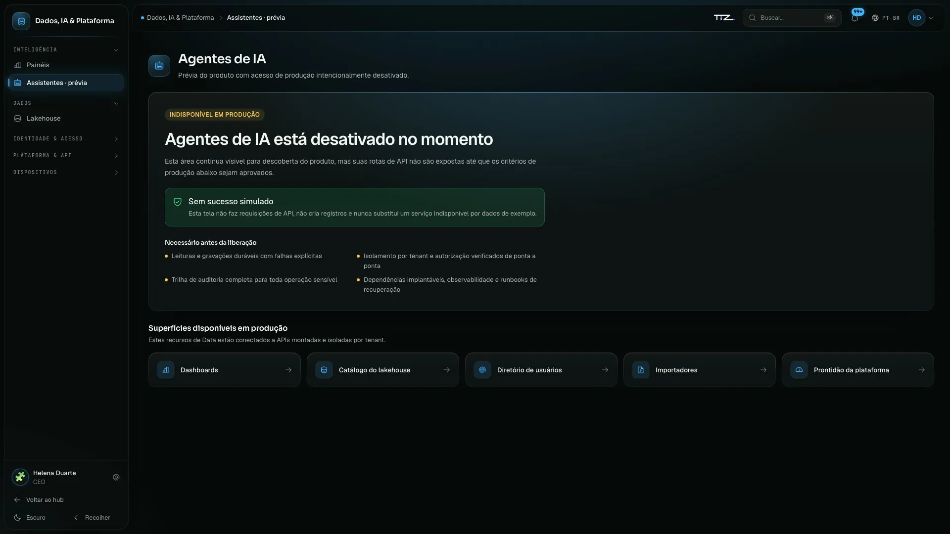 Tela dos Assistentes de Dados & IA dizendo que o módulo está desativado em produção e listando o que falta para a liberação.