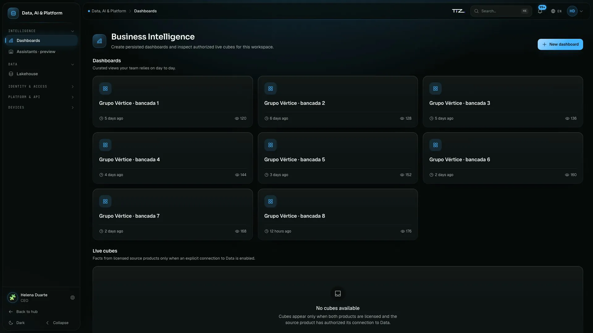 Grupo Vértice’s BI dashboards and the live-cubes area, still empty because no link has been switched on.
