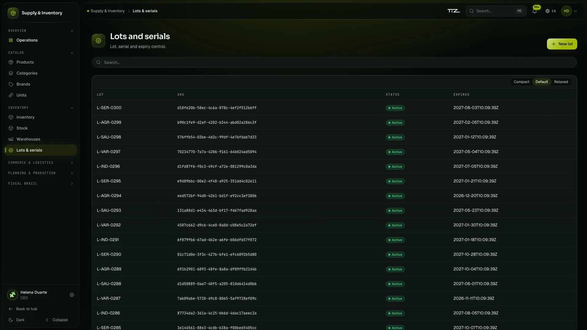 Grupo Vértice’s lots and serials, with each lot’s code, SKU, status and expiry date.
