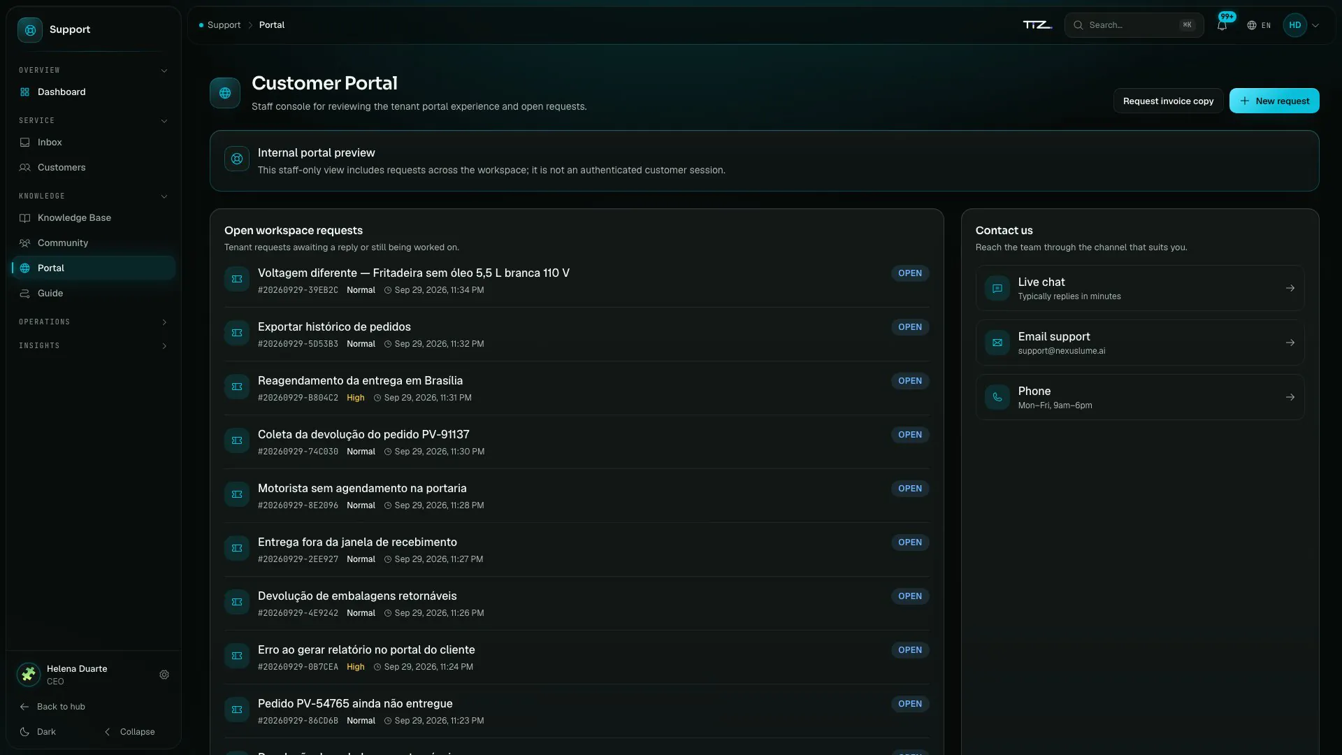 Internal preview of Grupo Vértice’s customer portal, with the open requests and the contact channels.