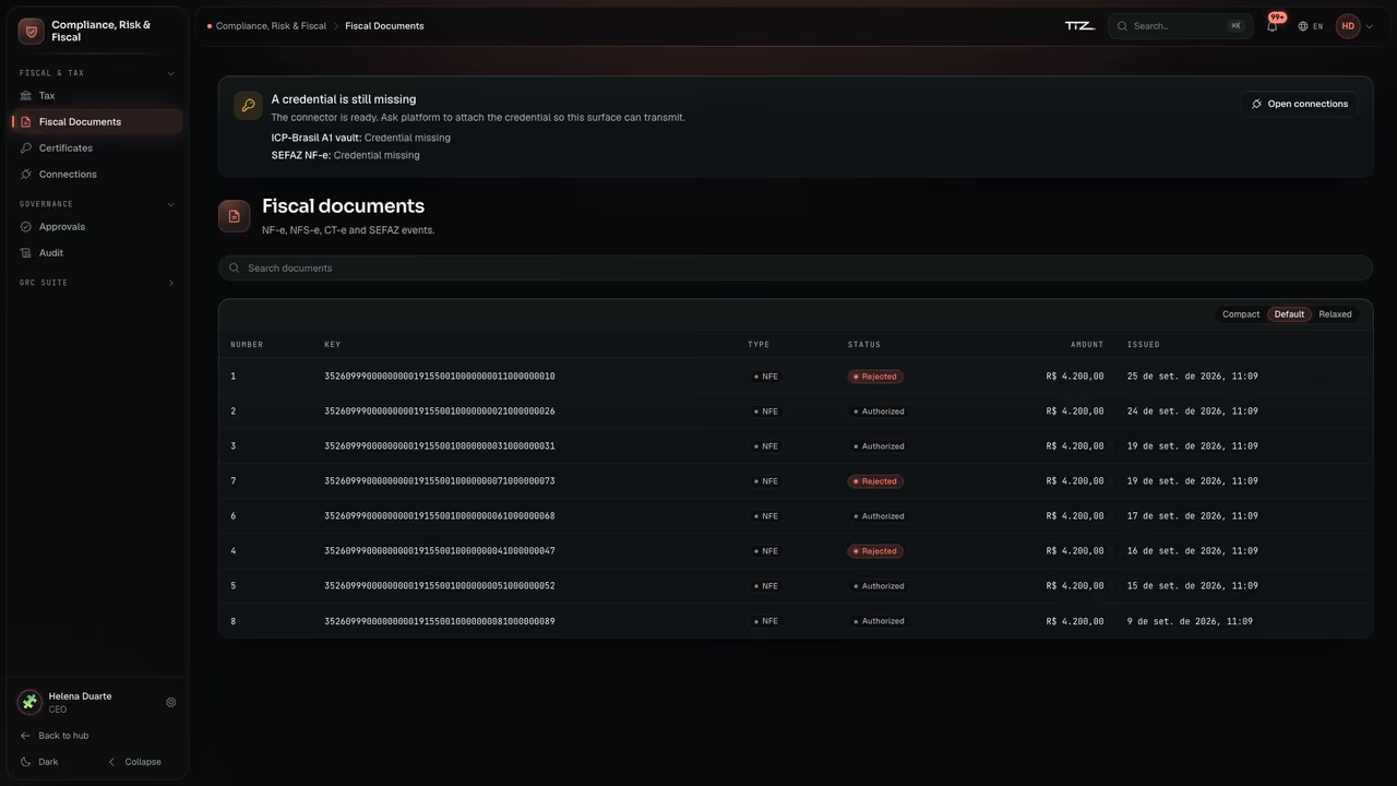 Compliance: a real Nexus Lume screen with Grupo Vértice data.