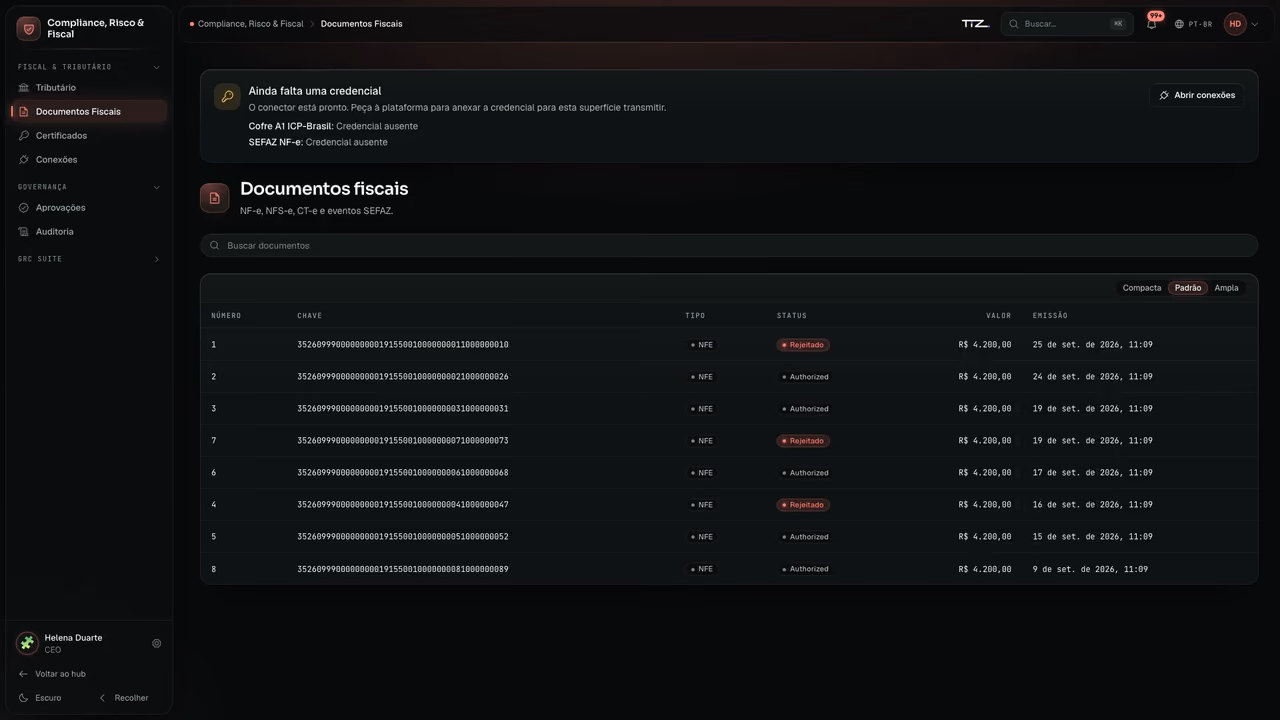 Compliance: tela real do Nexus Lume com os dados do Grupo Vértice.